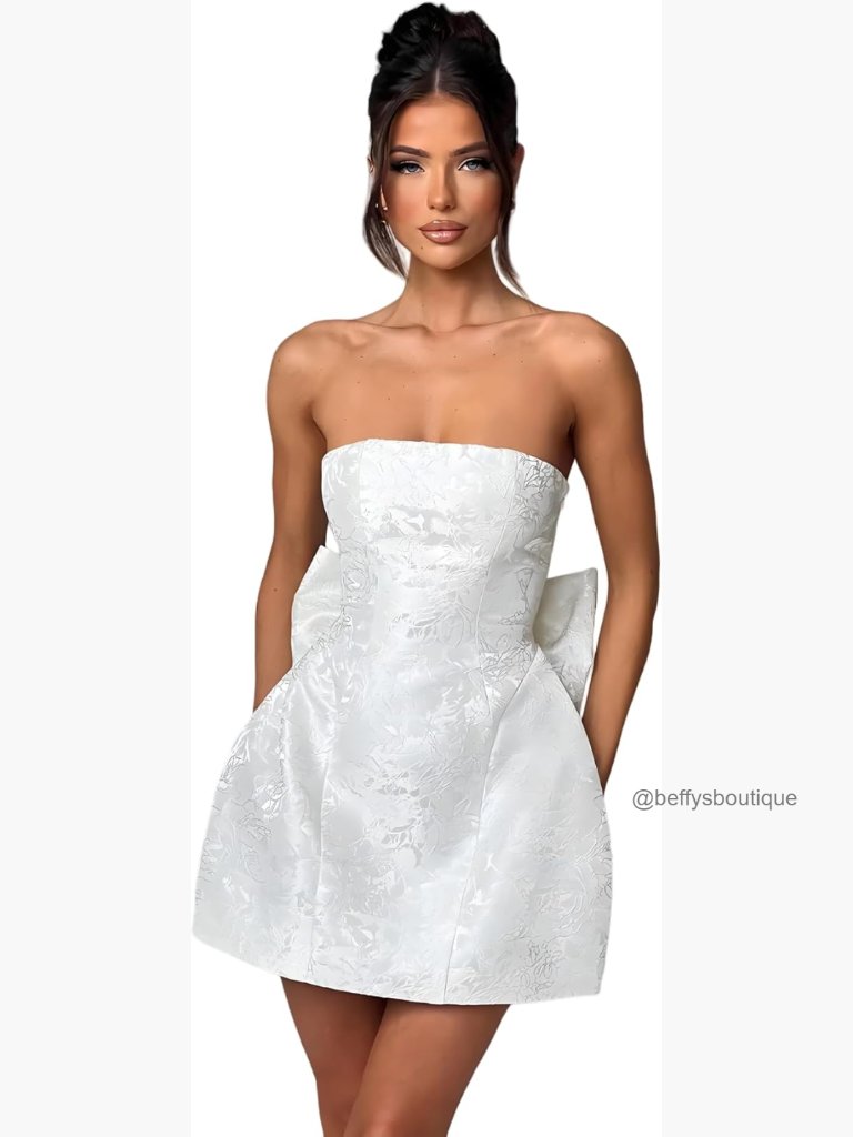 Strapless Satin Mini Dress With Bow Back, A-Line Prom Party Gown